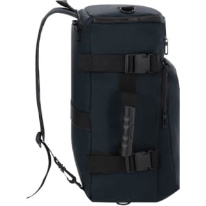 A dark navy backpack with adjustable straps, a side handle, and multiple compartments for storage.