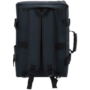A dark blue Rigan Backpack with adjustable straps and multiple compartments, featuring a logo.