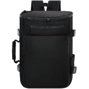 A black Rigan backpack featuring multiple compartments, a zippered top, and a front handle.