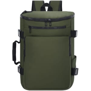 A green Rigan Backpack featuring multiple compartments, side pockets, and a logo on the front.