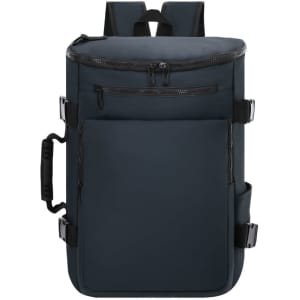 A navy blue backpack with multiple zippers, adjustable straps, and a front pocket. It features a sleek design and a logo.