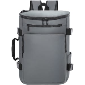 A grey Rigan backpack featuring multiple compartments and zippers, with adjustable straps and a top handle.