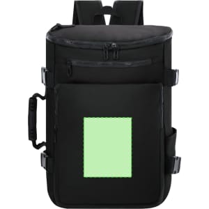 A black Rigan backpack featuring a front pocket and a logo area for customisation.