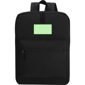 A black backpack with a front zip pocket and a blank green label area for customisation. It features padded shoulder straps.