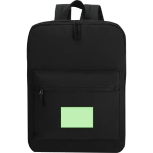 A black backpack featuring a front zip pocket and a blank rectangular section. It has two shoulder straps.