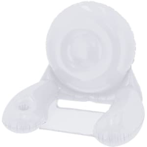 A transparent, inflatable armchair with rounded back and armrests, featuring a central cup holder.