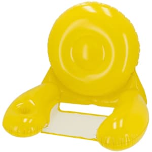 A yellow inflatable armchair with armrests and a central mesh section. It features a branding logo.