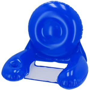 A blue inflatable armchair with a circular backrest and two armrests. It features a transparent seat section.