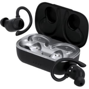 Wireless Gumex headphones in black, with an open charging case showing the earbuds inside. The case features a sleek silver interior.