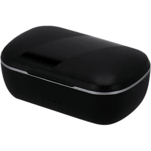 A black headphone case with a sleek design, featuring a metallic silver accent and a logo.