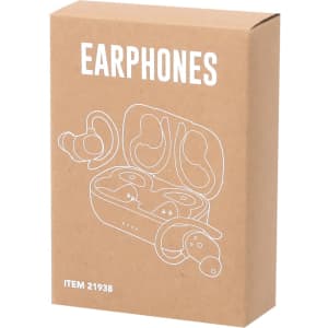A compact brown box containing white earphones illustrations, showcasing the product design and features.