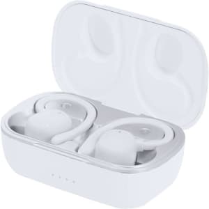 A pair of white wireless earbuds in a charging case, featuring a compact design and a logo on the case.