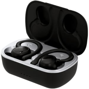 Wireless black headphones resting in a charging case, featuring a sleek design with a logo.