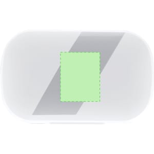 A white case with a rectangular green section, designed for storing Gumex headphones.