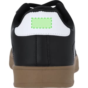 A black sneaker with a white panel and a gum sole, featuring a logo on the heel area.