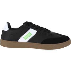 A pair of black trainers featuring white detailing and a brown sole, with a logo on the side.