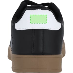 A pair of black trainers with a white heel panel and a gum rubber sole, featuring a logo on the back.