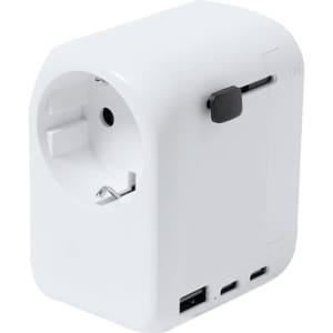 A white Wando Plug Adapter with multiple ports and a logo, designed for travel electronics.