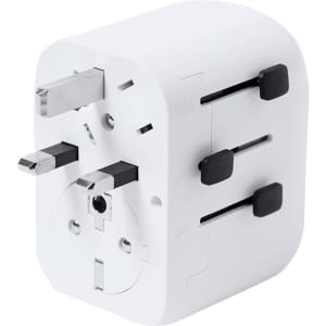 A white travel plug adapter with multiple socket options and a compact design, featuring a logo on the side.