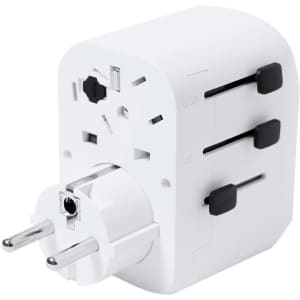 A white Wando Plug Adapter featuring multiple international socket configurations for travel compatibility.