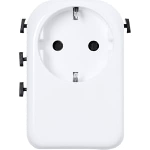A white Wando plug adapter featuring multiple prongs for different international socket types.