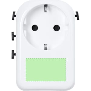 A white Wando plug adapter with multiple prongs and a green label area. Features a smooth, rounded design.