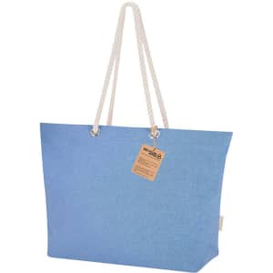 A blue tote bag with rope handles and a tag, featuring a simple design and ample storage space.