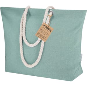 A light green tote bag with white rope handles and a label attached. The bag is made from recycled materials.