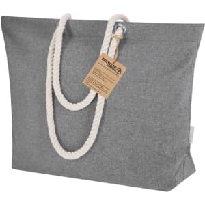 A grey tote bag with a rope handle and a tag attached, made from recycled materials.