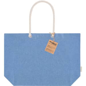 A blue tote bag with a rope handle and a tag attached, featuring a simple and eco-friendly design.
