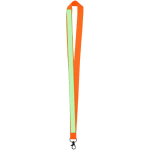 An orange and green lanyard with a clip for attaching identification or accessories. Features a branding logo.