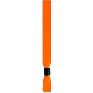An orange wristband with a black clasp, designed for events and promotions. It features a simple, sleek design.