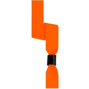 An orange wristband with a black fastening, suitable for exhibitions and events.