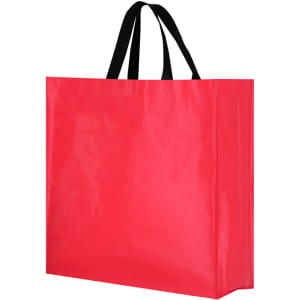 A large red bag with black handles. The bag has a glossy finish and features a logo.