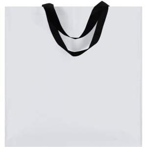 A large, white tote bag with black handles and a simple design. It features a logo on the front.