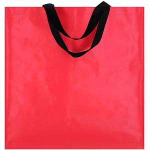 A red bag with black handles, made of durable material and featuring a logo.