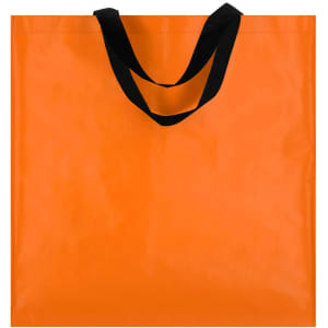 An orange tote bag with black handles, featuring a plain design and no visible branding.