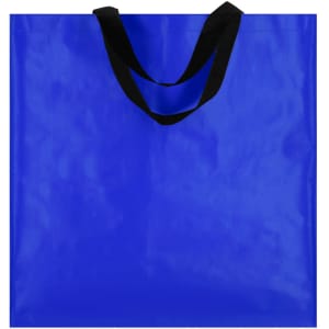 A blue bag with black handles, featuring a simple design and no visible branding.