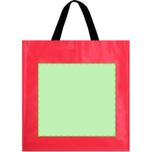 A large red bag with black handles and a green blank square in the centre for customization.