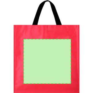 A red bag with black handles and a large green empty square on the front. It features a logo.