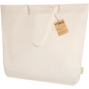 A cream-coloured tote bag with long handles and a tag. The bag is made from recycled materials.