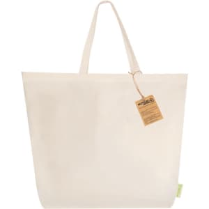 A cream tote bag with two handles and a tag attached. The bag has a simple design and a logo.