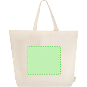 A beige tote bag with two handles and a square green area, featuring a logo on the side.