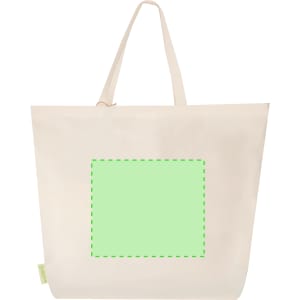 A pale beige tote bag featuring a blank green square area and two shoulder straps. It has a branding logo.