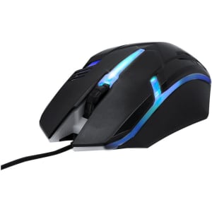 A black gaming mouse with blue LED lighting, featuring a sleek design and a visible cable connection.