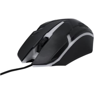 A sleek black gaming mouse with white accents, featuring a scroll wheel and a logo branding.