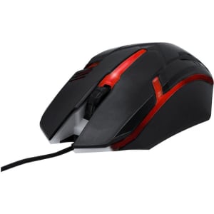 A black gaming mouse with red accents and a cable, featuring an ergonomic design and a logo.