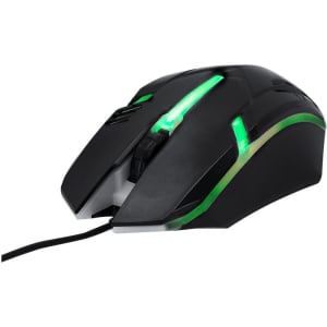 A black gaming mouse with green LED lighting and a wired connection, featuring a sleek, ergonomic design and branding.