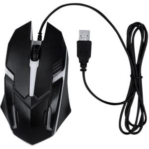 A black gaming mouse with a USB cable, featuring an ergonomic design and sleek lines.