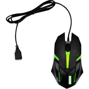 A wired gaming mouse in black with green accents, featuring a sleek design and a USB connector.